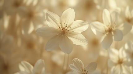 Close-up of abstract floral wall pattern with delicate translucent beige-white petals, soft lighting highlighting fine textures in serene elegant atmosphere. High-quality photography for wallpaper, ho