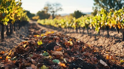 Obraz premium Dry Vineyard. Scrap Pile for Composting in Winery Vineyard, Conservation and Recycling Concept