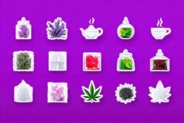 Assorted herbal tea ingredients displayed on a purple background