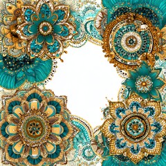 Ornate Mandala Design Featuring Floral Patterns and Intricate Details in Shades of Blue, Gold, and Turquoise for Creative Projects