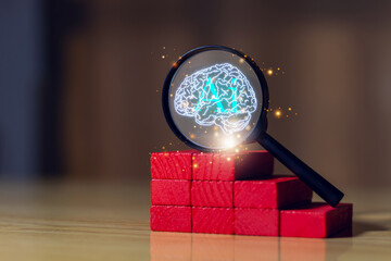 ai intelligence data magnifying. Magnifying glass zooming in on digital brain graphic with data visualization, symbolizing artificial intelligence, brain, analysis, AI, magnifying.