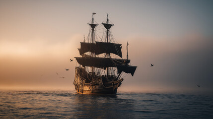 Galleon sailing at sunrise in foggy sea