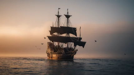 Fototapete Rund Segeln Galleon sailing at sunrise in foggy sea  © The Pixel Store