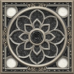 Intricate Black and White Floral Design with Circular Patterns and Elegant Borders for Decorative Artwork