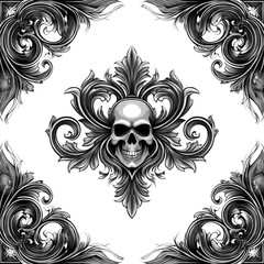 Ornate Black and White Skull Design with Flourishing Details in a Classic Style for Unique Artistic Creations