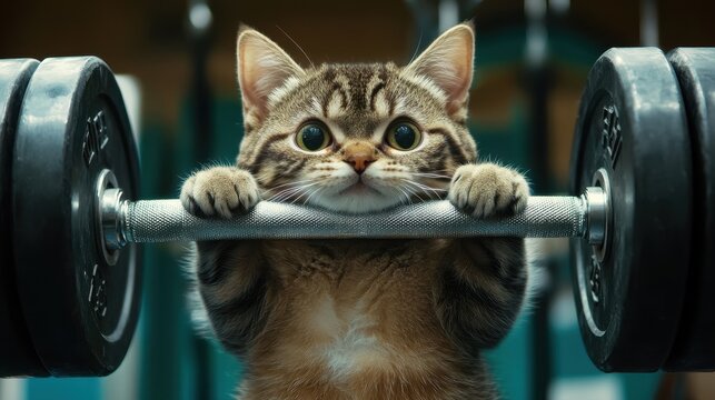Exercise With Cat. Adorable Cat Lifting Weights in Bodybuilder Training Session