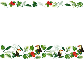 水彩風　オオハシとトロピカル熱帯植物のセット飾りフレーム1 Summer Tropical Series: Watercolor Tropical Frame Leaves, Birds, Hibiscus © kanichi