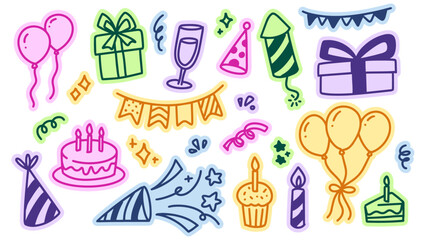 Colorful Birthday Celebration Doodle Sticker Set in Cartoon Style