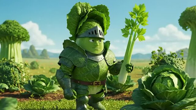 Cartoon knight holding celery in vibrant vegetable field