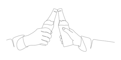 Cheers! Hands Clinking Beer Bottles – One‑Line Vector Illustration
