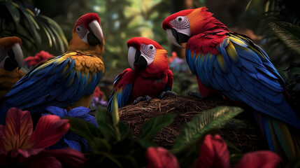 Obraz premium Group Of Colorful Parrots In Tropical Setting