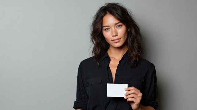 A confident woman holding a blank card, ready to share her message or brand.