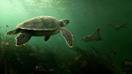 Fototapeta premium Sea turtle and stingray in underwater kelp forest. Sunlight penetrates the water, illuminating the marine life