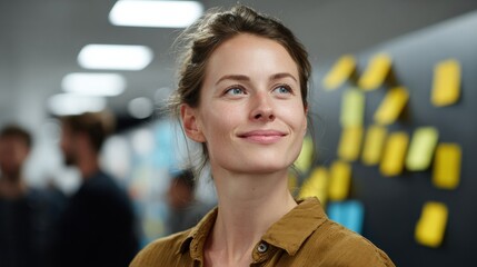 A confident woman smiling, surrounded by a creative workspace and inspiring ideas.