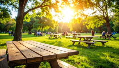 Naklejka premium Wooden park bench and picnic table surrounded by trees and grass in a natural outdoor landscape
