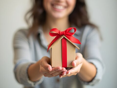 Woman holding small house model with red bow, giving, receiving, and home ownership