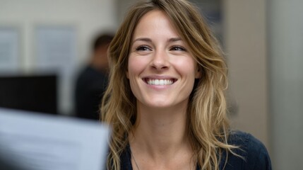 A smiling woman in an office setting, conveying positivity and professionalism.