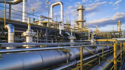 Industrial natural gas processing plant with towering storage tanks, pipelines, and compression units under a clear sky