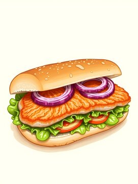Illustration of a Fresh Fish Sandwich with Red Onions and Lettuce