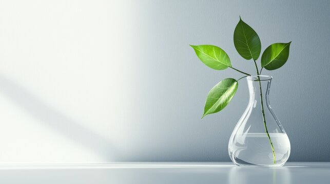 A clear glass vase with a green plant inside, placed on a white surface with a light blue background.