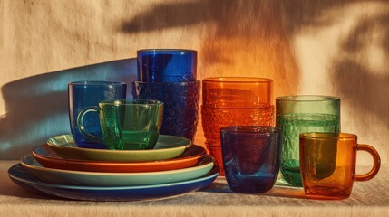 Vintage-inspired glassware and tableware in vibrant retro tones