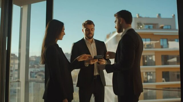 Negotiation in Executive Setting:  Three professional figures, enveloped in tailored attire, engage in a pivotal negotiation near an expansive window.