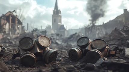 Two gas masks lie on the ground in a war-torn city with rubble, smoke, and a church spire in the background.