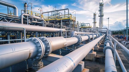 Industrial natural gas processing plant with towering storage tanks, pipelines, and compression units under a clear sky