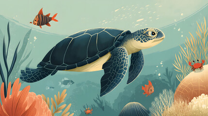 flat cartoon illustration of a sea turtle explore