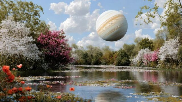 Surreal Landscape with Planet Jupiter in Bright Sky Over Tranquil Water and Colorful Flowers and Lush Greenery