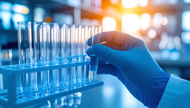 Scientist's Hand in Glove Handling Test Tube in Laboratory Setting