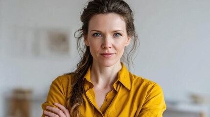 Confident woman in a yellow shirt poses with crossed arms in a minimalist setting.