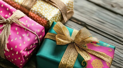 Colorful Wrapped Gifts on Rustic Wooden Surface for Celebration