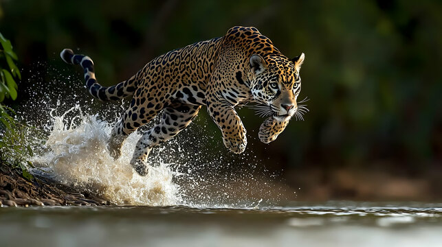 Jaguar Jumping Into Water in Rainforest