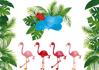 水彩風　トロピカル熱帯植物の飾りとフラミンゴセットフレーム4 Summer Tropical Series:Watercolor Tropicall Frame with Leaves,Birds,Hibiscus