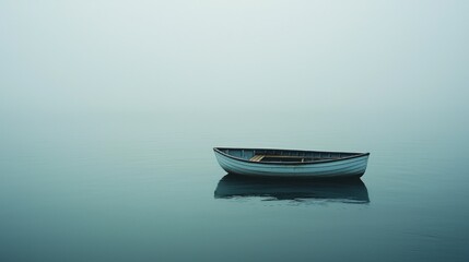 A solitary boat floating on a calm, foggy sea. The scene evokes a sense of solitude and tranquility.