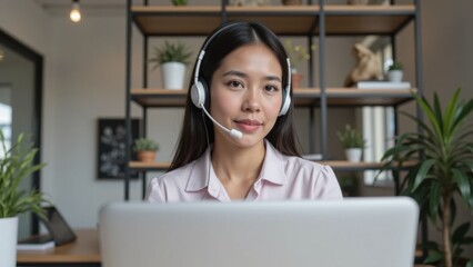 Professional woman wearing headset, working diligently at a laptop in a modern office.
