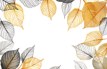 Elegant autumn leaves border with black background  isolated on transparent background	