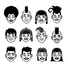 Diverse Crowd: Collection of Fun, Cartoon Faces in Black and White, Demonstrating Individuality, Expression, and a Range of Hairstyles and Expressions in a Bold Graphic Style