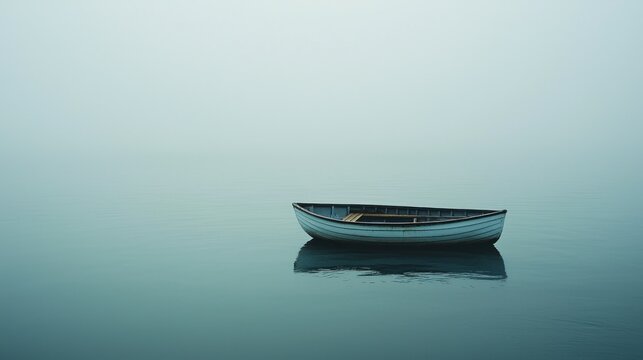 A solitary boat floating on a calm, foggy sea. The scene evokes a sense of solitude and tranquility.