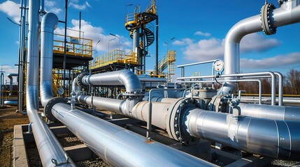 Industrial natural gas processing plant with towering storage tanks, pipelines, and compression units under a clear sky