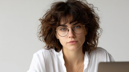 Young woman with curly hair and glasses focused while working on a laptop.