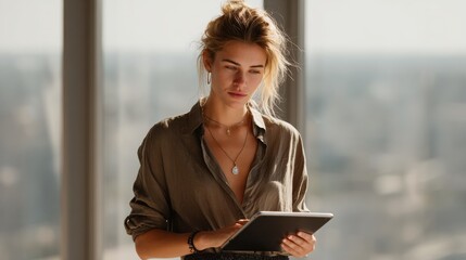 Young woman using a tablet, deep in thought, with a city view backdrop.