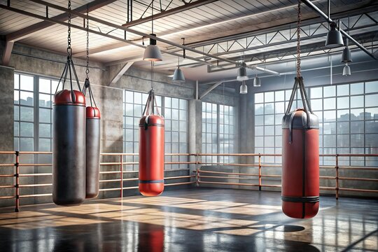 A boxing ring with two red and two black bags hanging from the ceiling