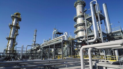 Industrial natural gas processing plant with towering storage tanks, pipelines, and compression units under a clear sky