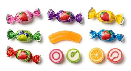 Naklejka premium A flat lay of assorted wrapped candies and unwrapped fruit flavored gummies