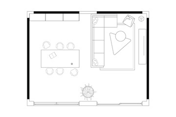 Open Concept Living and Library Floor Plan. Vector Black Lines on White Background. 3