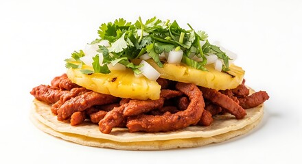 Close up shot of a taco al pastor with pineapple, onion, and cilantro garnish