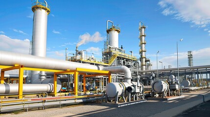 Industrial natural gas processing plant with towering storage tanks, pipelines, and compression units under a clear sky