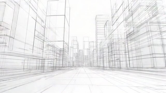 City Blueprint Perspective: An ethereal, technical blueprint rendering of a cityscape stretches into the distance, capturing the essence of urban design.
